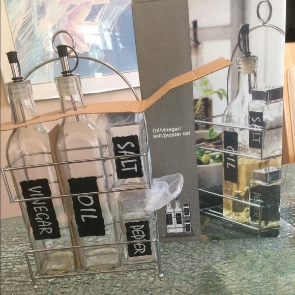 Other - CONDIMENT SET...OIL/VINEGAR/ SALT/PEPPER SHAKERS WITH CHROME RACK...NEW